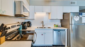 A modern kitchen with white cabinets, stainless steel appliances, and a dishwasher. - Bright Gulf Shores Beachfront Condo w/ Pool Access (Gulf Shores)