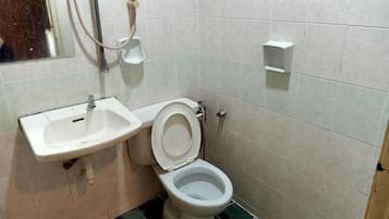 A bathroom with a toilet, sink, and a mirror.