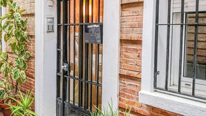 Une entrée d’immeuble avec un portail en métal noir, un mur de briques et des plantes en pot.