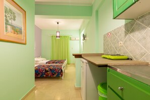A room with two beds, a green sink, and a small kitchen area.