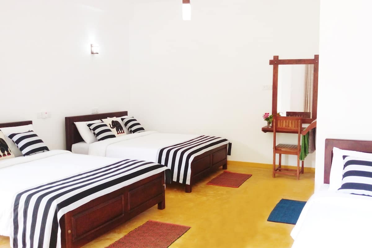 Una habitación de hotel con dos camas, una silla de madera, un espejo y una mesita.