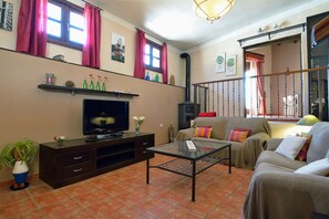 Televisión, chimenea y libros