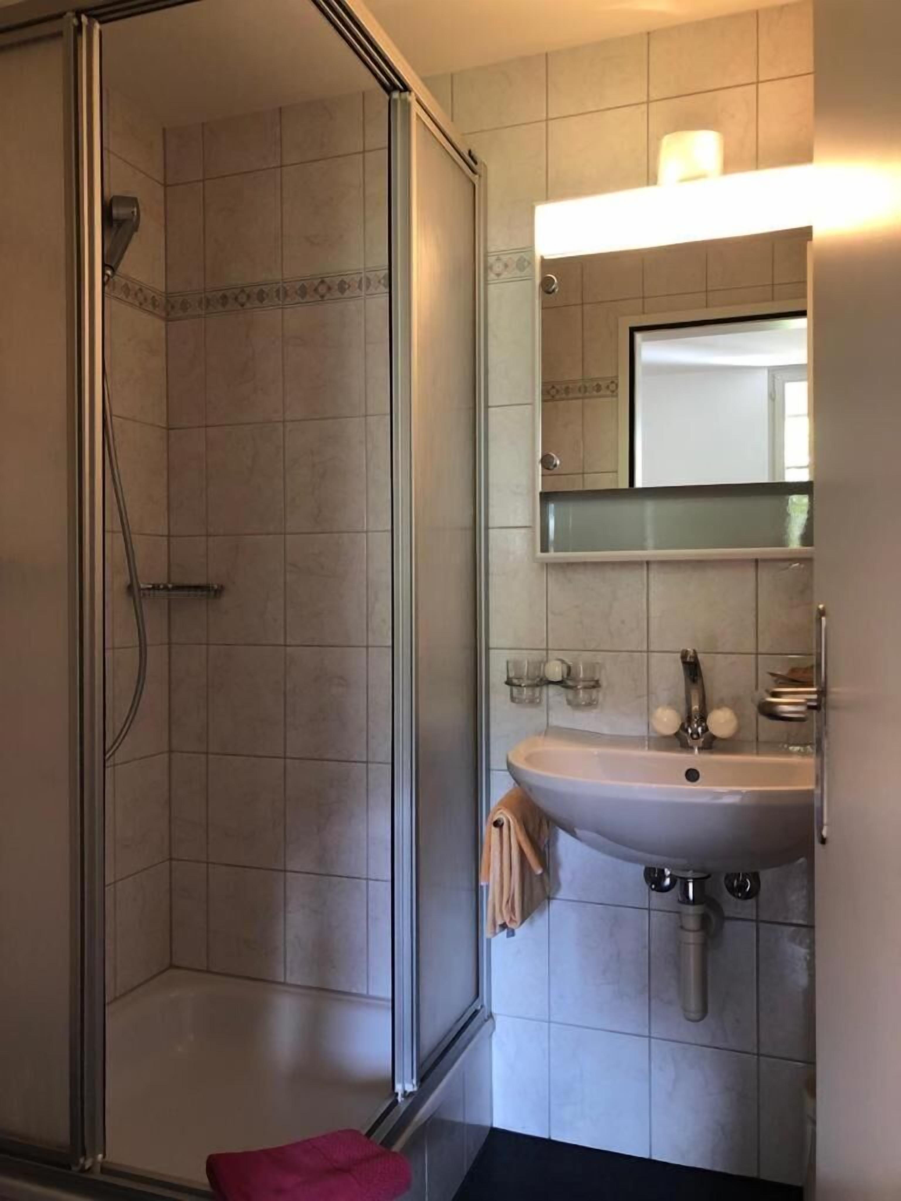 Un baño con ducha envuelta en cristal, lavamanos con espejo y un perchero para toallas.