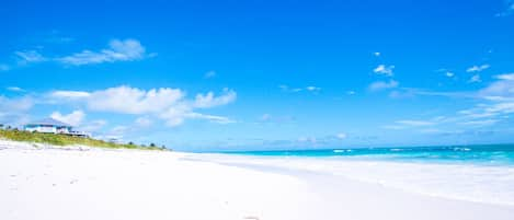 On the beach, sun loungers, beach towels