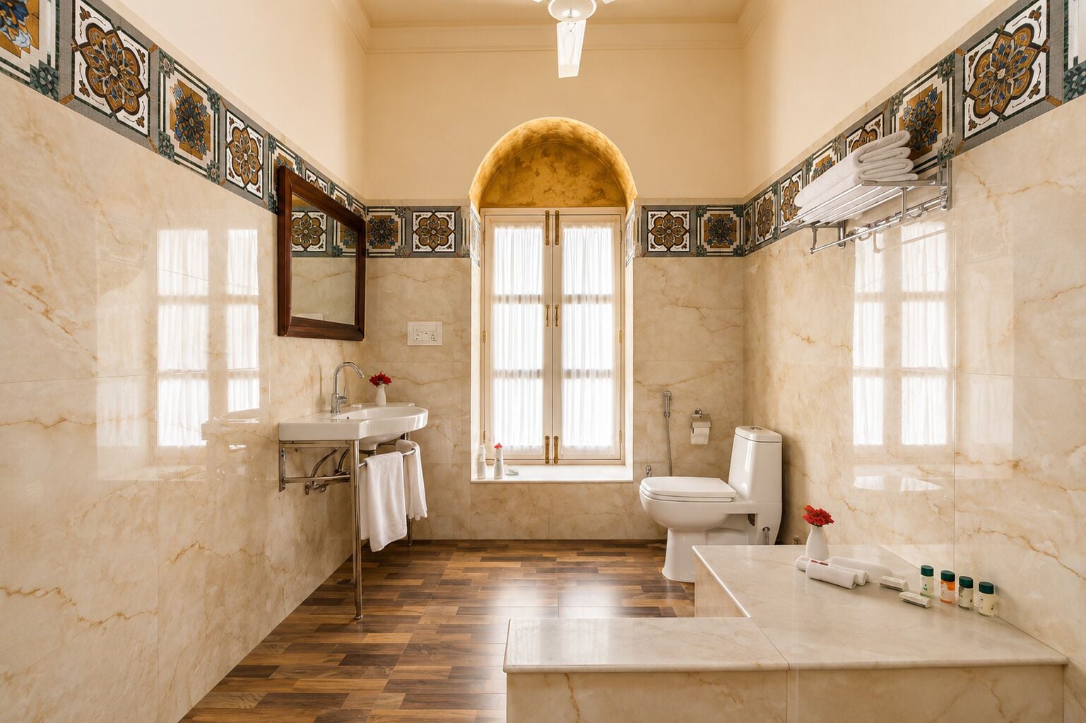 A bathroom with a marble floor, a sink, a toilet, and a vanity with toiletries.