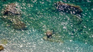 A beach with clear turquoise water, white umbrellas, and sun loungers arranged in rows. - Borgo Santandrea (Amalfi)