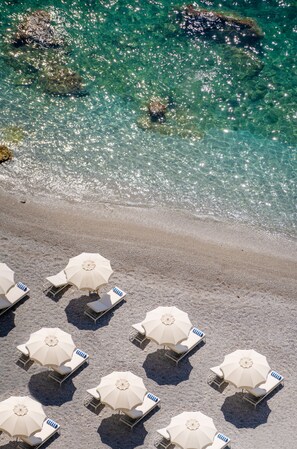 Private beach, sun-loungers, beach towels, beach bar