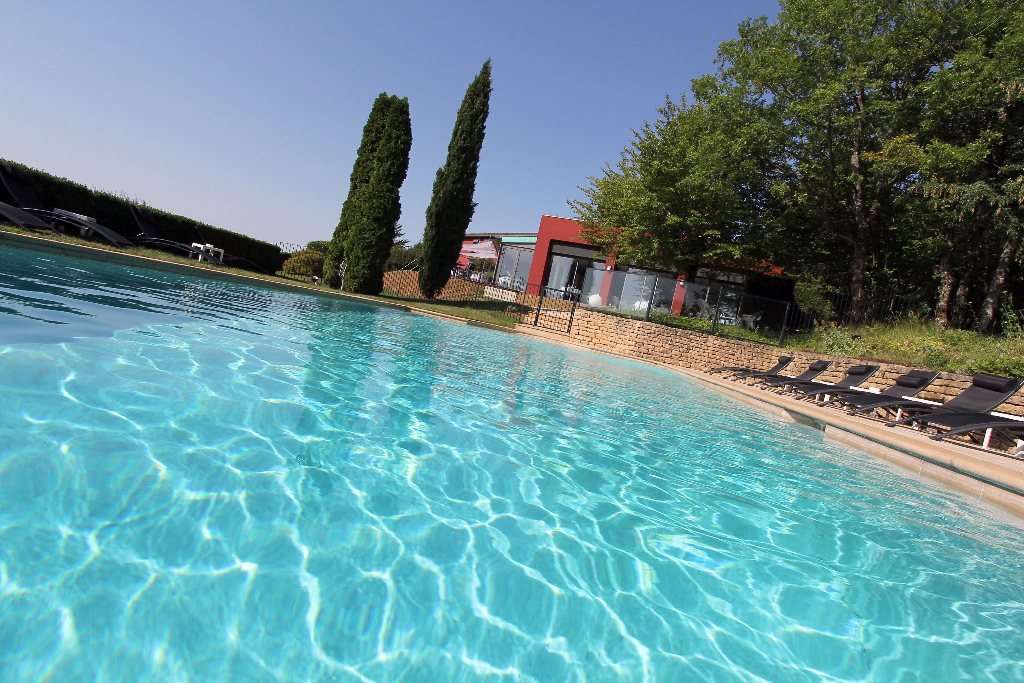 seasonal outdoor pool, pool umbrellas, pool loungers