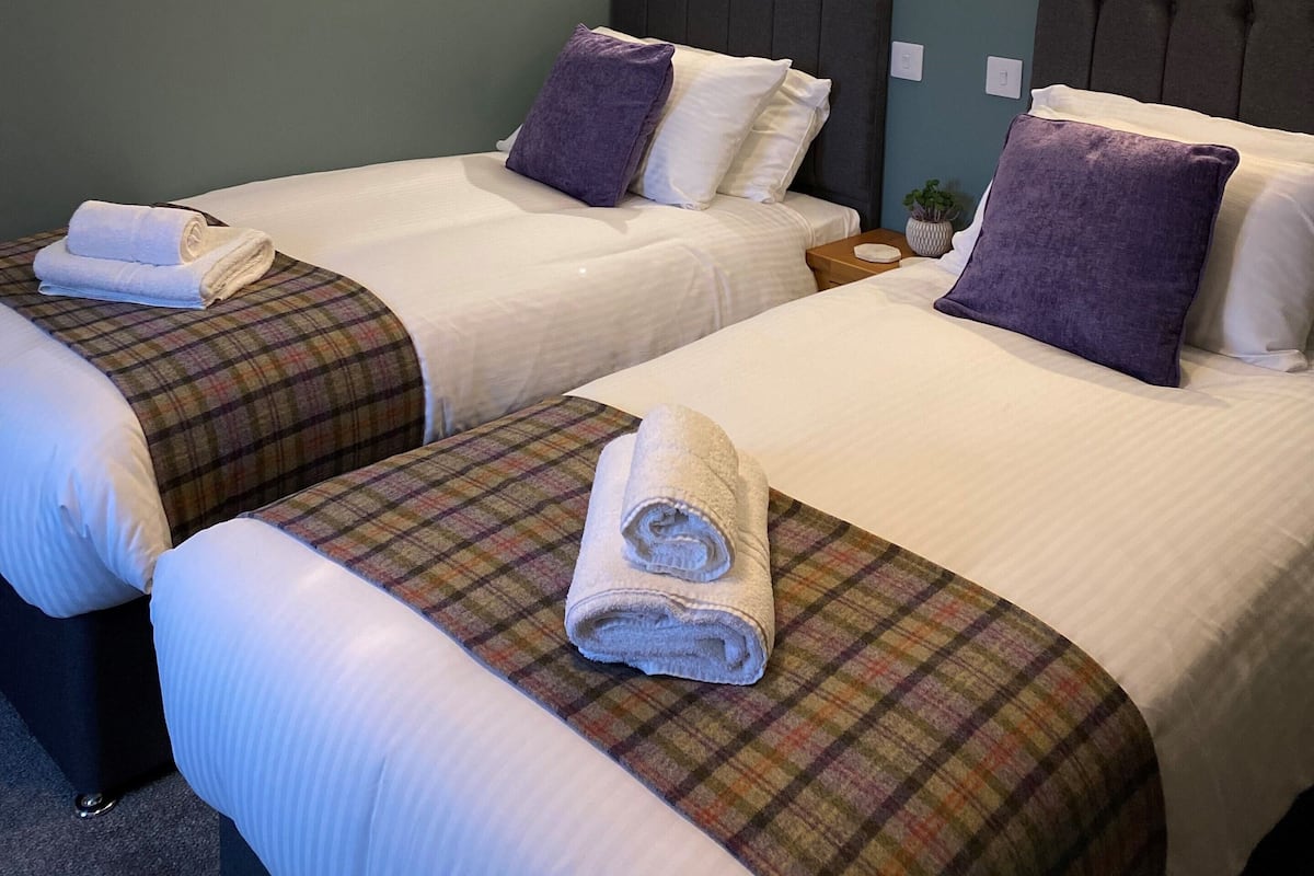 A hotel room with two beds, each with a headboard, white bedding, and a plaid blanket. There are wall-mounted lamps and a small potted plant on the nightstand.
