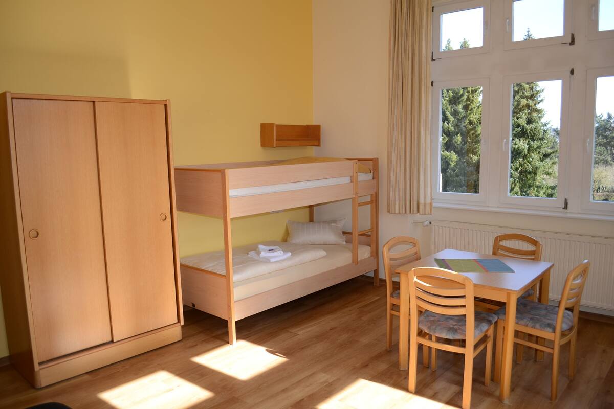 A bunk bed with a wooden wardrobe, a table with chairs, and a window with a view of trees.