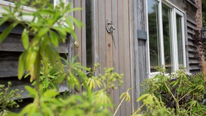 A wooden door with a metal handle and a keyhole, surrounded by greenery.