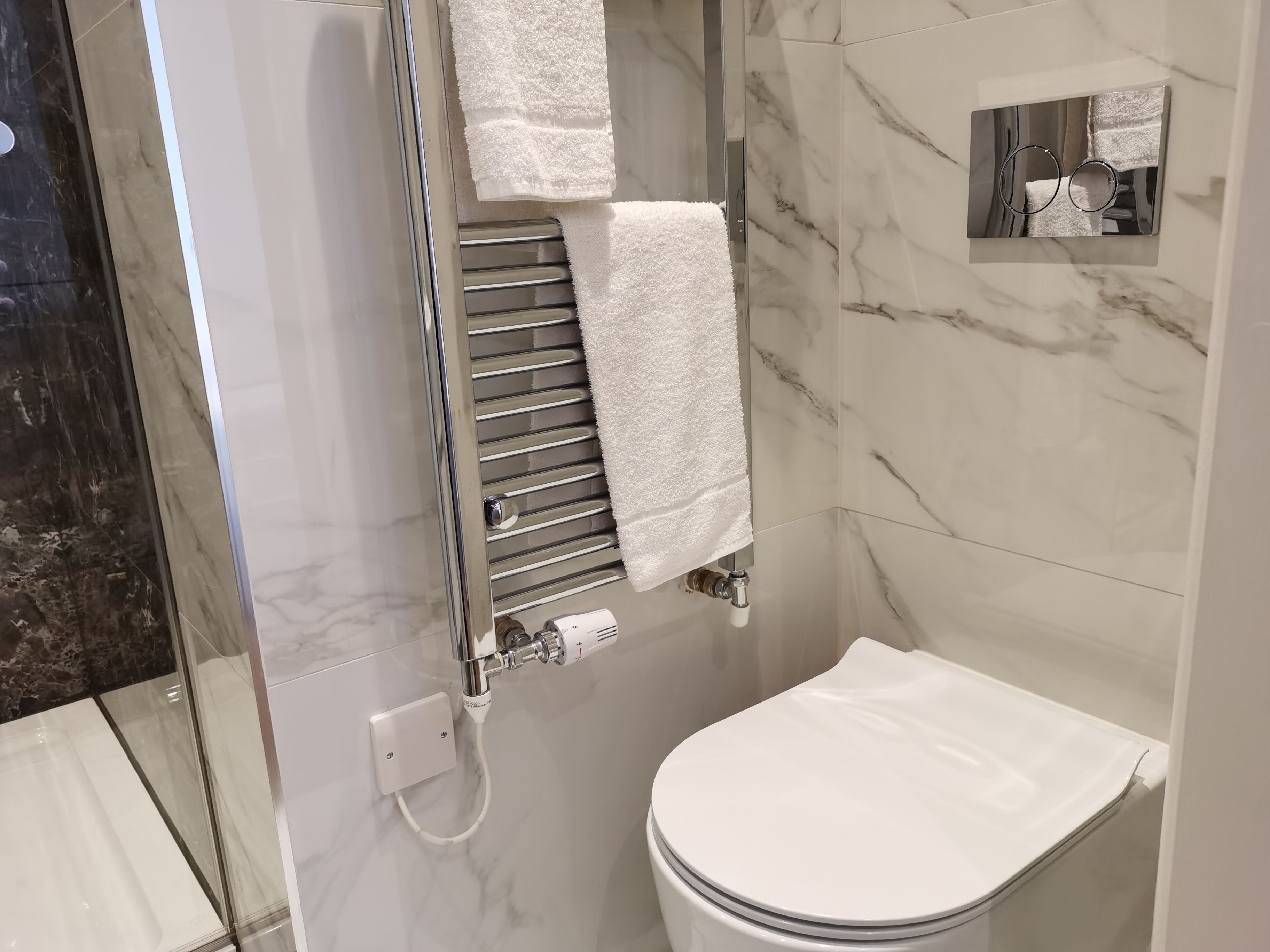 A modern bathroom with a glass-enclosed shower, a white toilet, and a towel rack.
