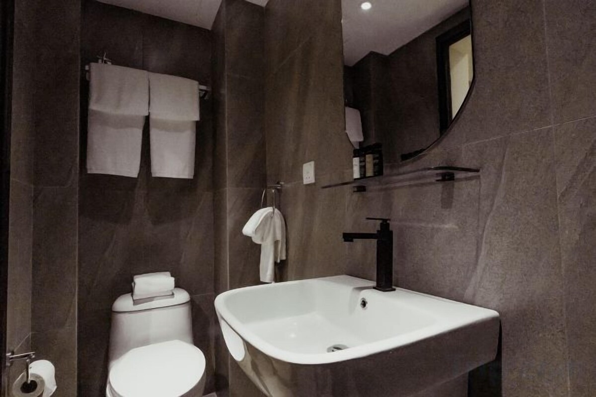 Shower, hair dryer, bidet, towels