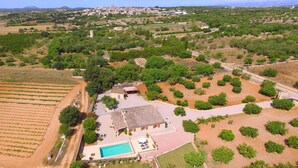 An aerial view of a property with a swimming pool, a large garden, and a view of a town in the distance. - SA ROTA Finca for 6 people in Ariany with pool (Ariany)