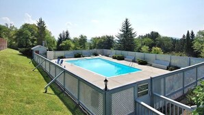 A rectangular swimming pool with a metal fence, surrounded by a grassy area and trees.