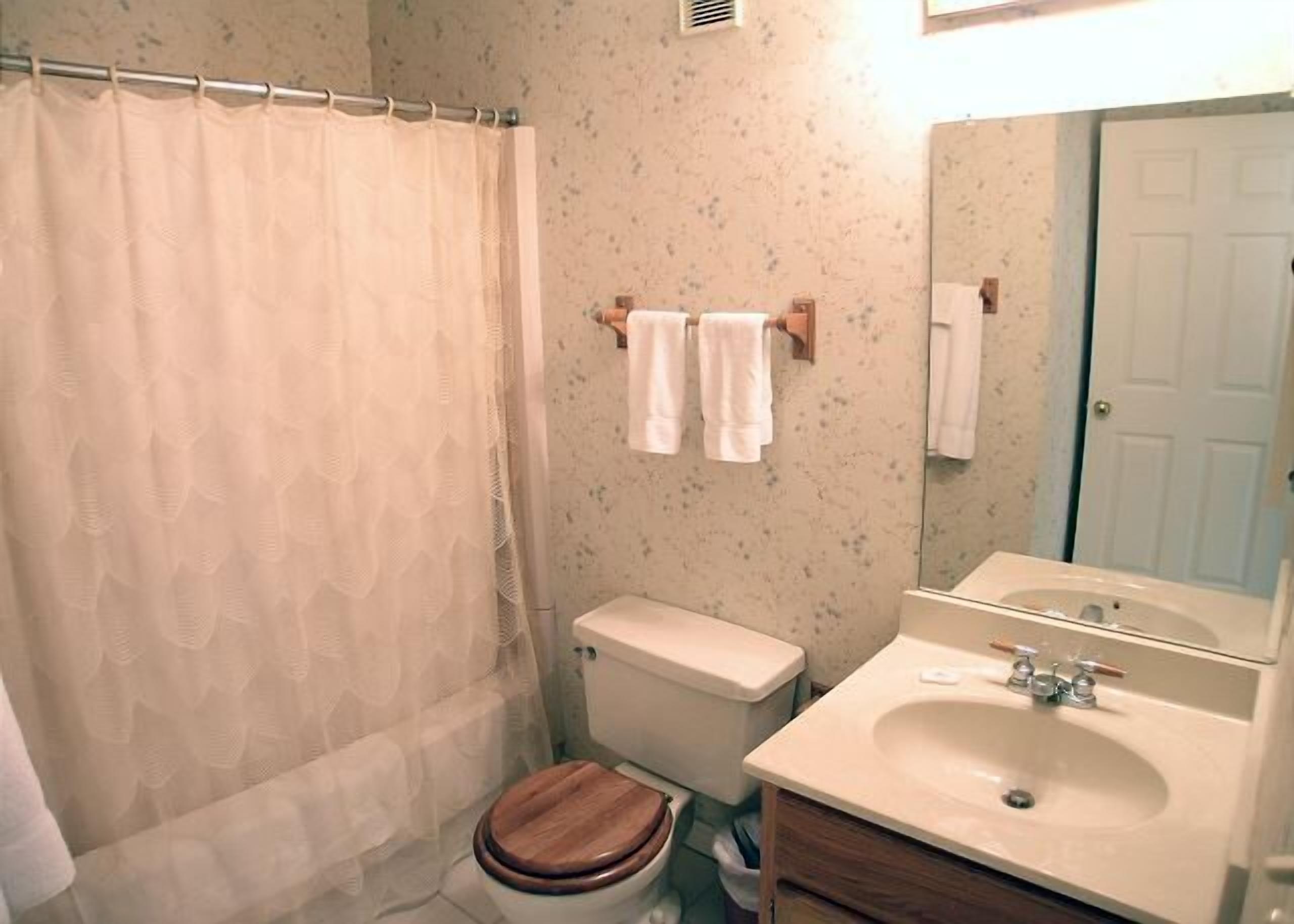 A bathroom with a toilet, sink, and shower curtain.
