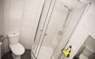 Ducha, cabezal de ducha tipo lluvia, secador de pelo, toallas