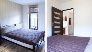 Una camera da letto con un letto, una finestra con persiane e una porta che dà su un bagno.