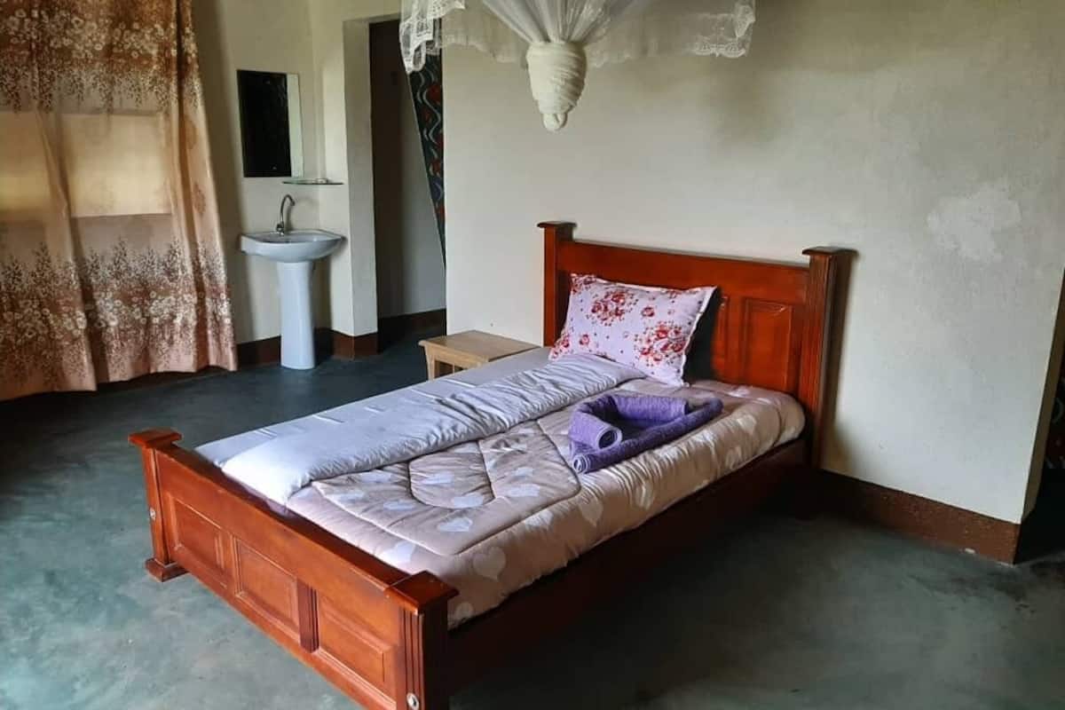 A single bed with a wooden frame and a headboard, a bedside table, a white sink, and a mirror on the wall.