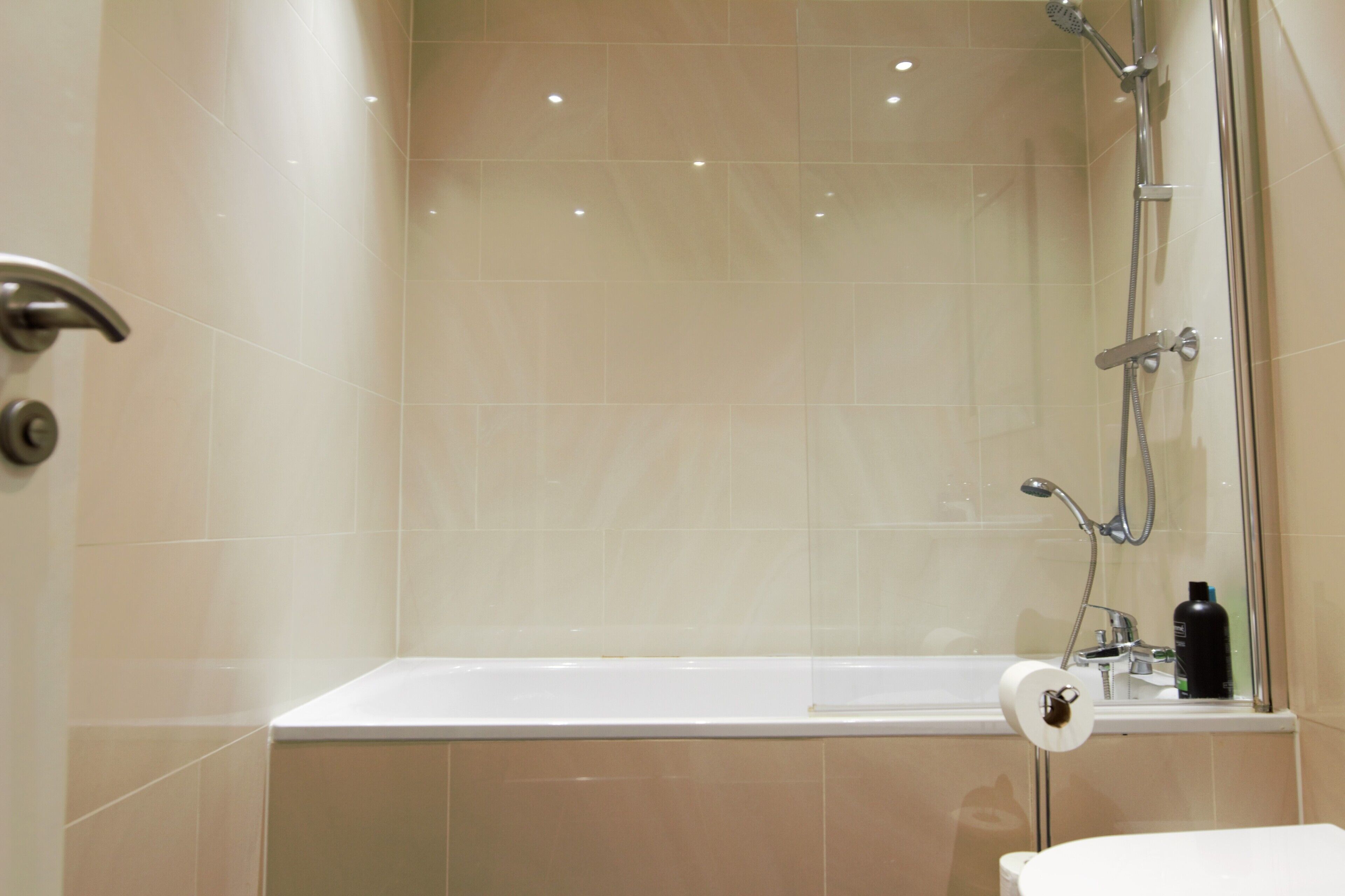 Combined shower/bathtub, hair dryer, towels, soap