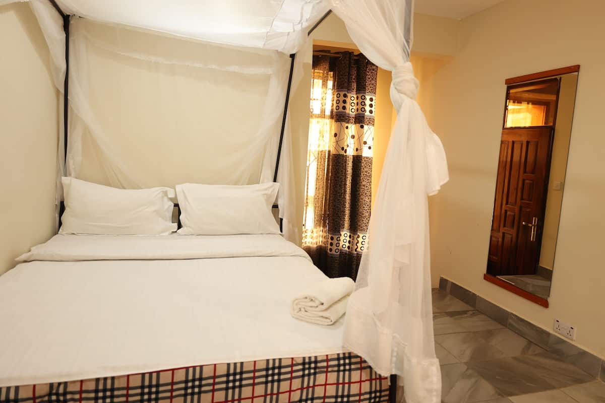 A bed with a canopy, a mirror, and a patterned curtain.