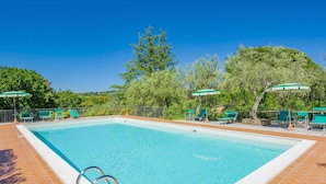 Une piscine rectangulaire, bordée d’une terrasse carrelée, entourée de chaises longues vertes et de parasols, le tout se fondant dans un décor de verdure avec un ciel dégagé en arrière-plan.