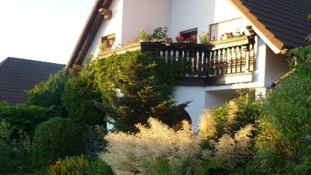 A house with a garden, a wooden deck, and a pond. - Apartment for families with children, with internet access and only 800 m from the ski lift (Eibenstock)
