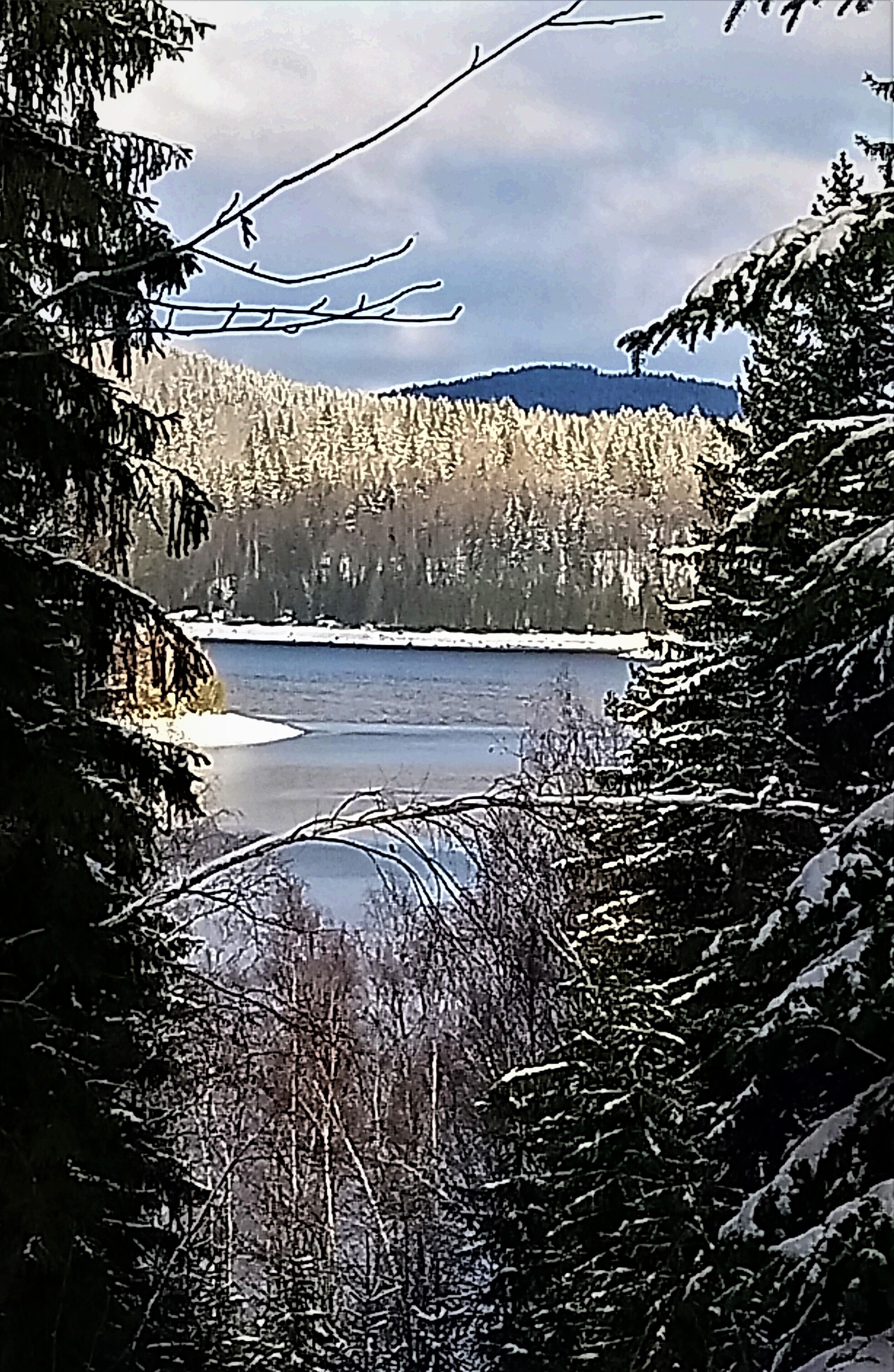Eine natürliche Landschaft mit einem See, umgeben von schneebedeckten Bäumen und Hügeln im Hintergrund.