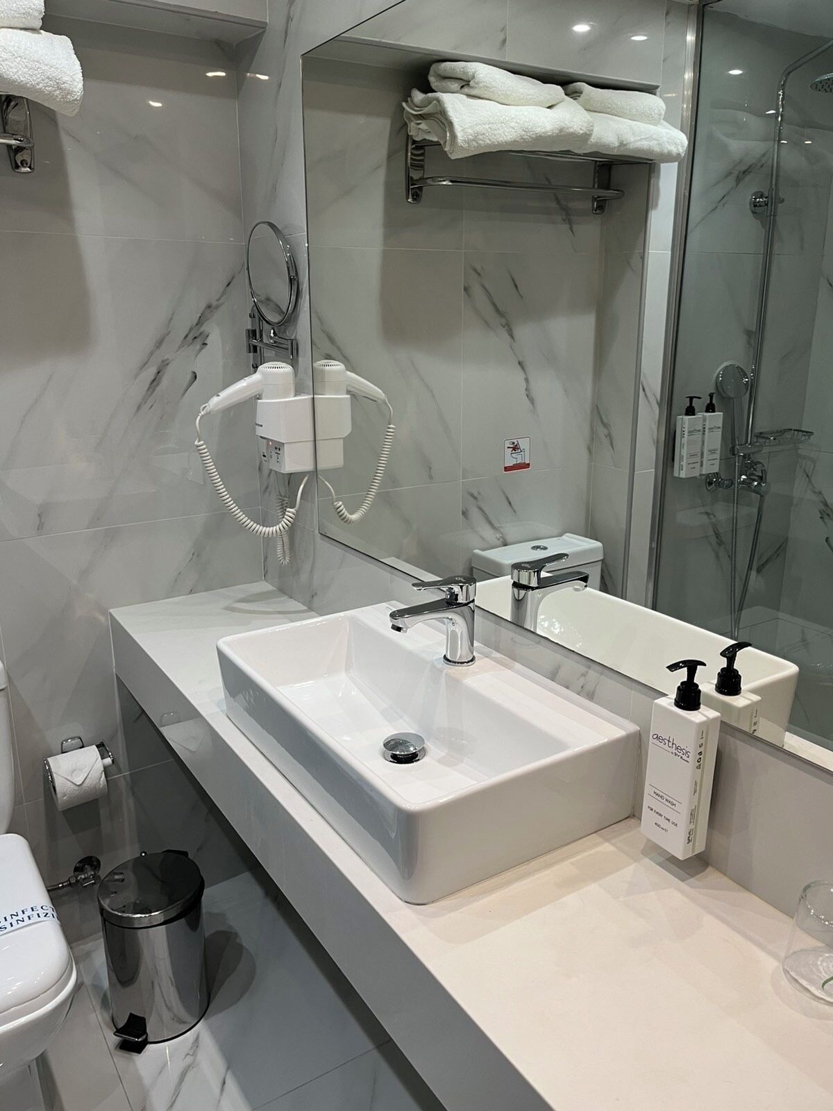 shower, eco-friendly toiletries, hair dryer, bathrobes