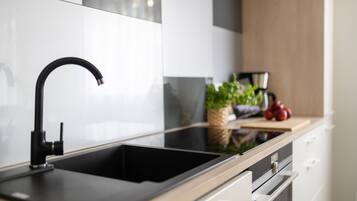 Deluxe Apartment | Private kitchen | Full-size fridge, oven, stovetop, dishwasher