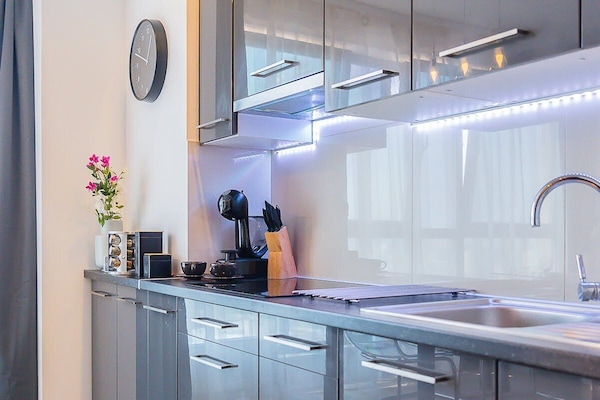 Panoramic Apartment | Private kitchen | Full-size fridge, oven, stovetop, dishwasher