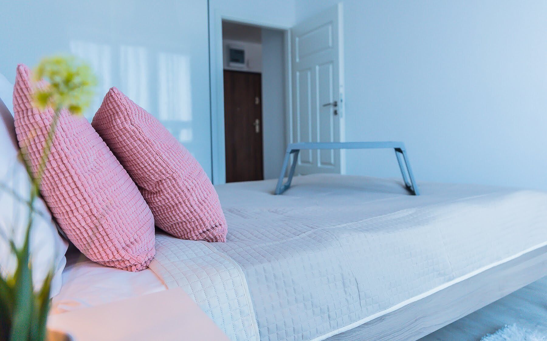 A neatly made bed with a white mattress and a blue metal frame, accompanied by two pink pillows.