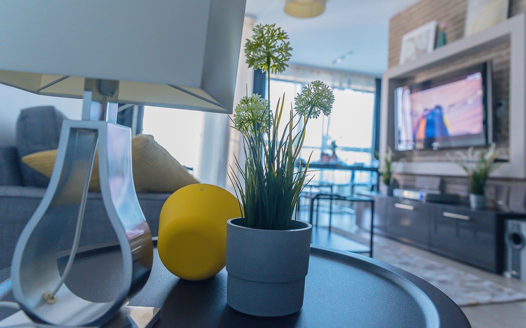 A modern living room with a sofa, a lamp, a potted plant, and a television.