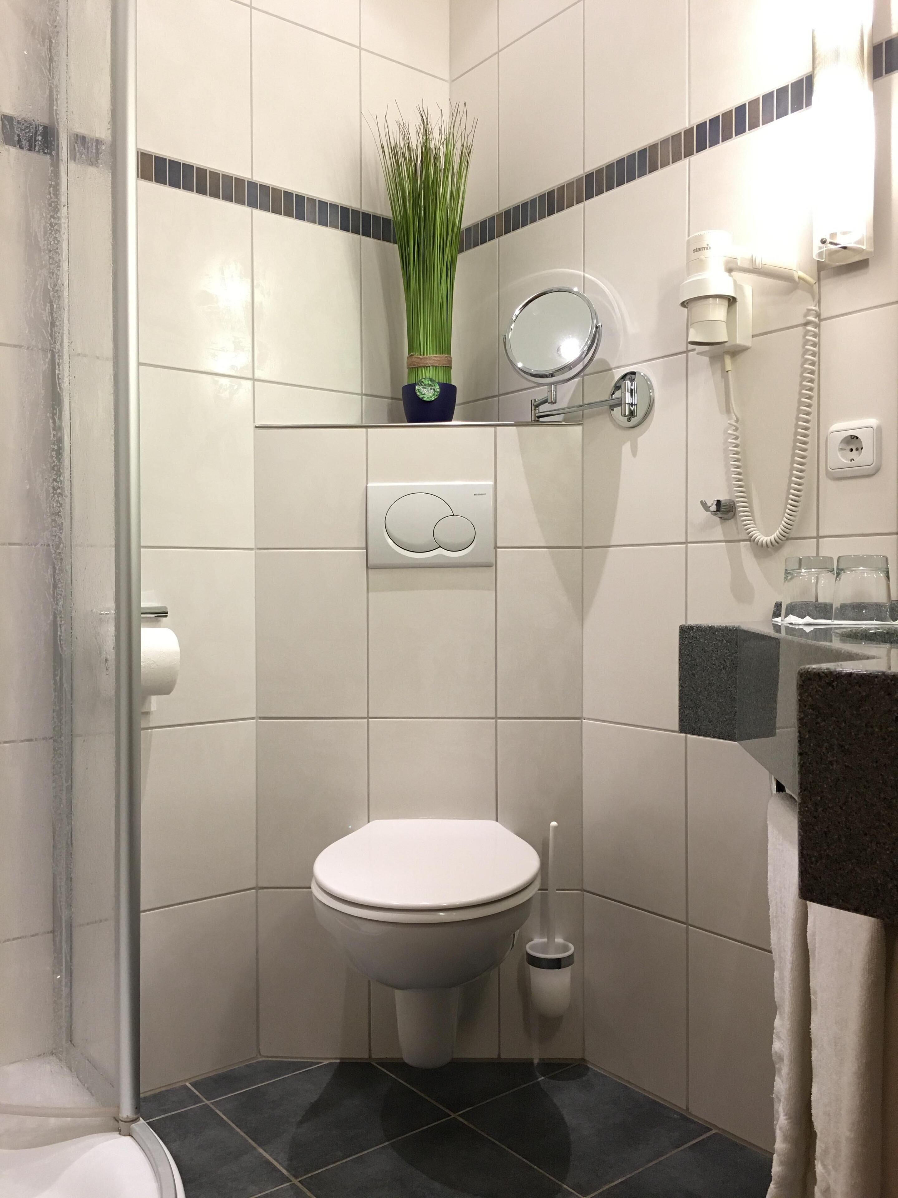 Casa de banho com sanita, bidé, porta-toalhas, espelho e chuveiro com porta de vidro.