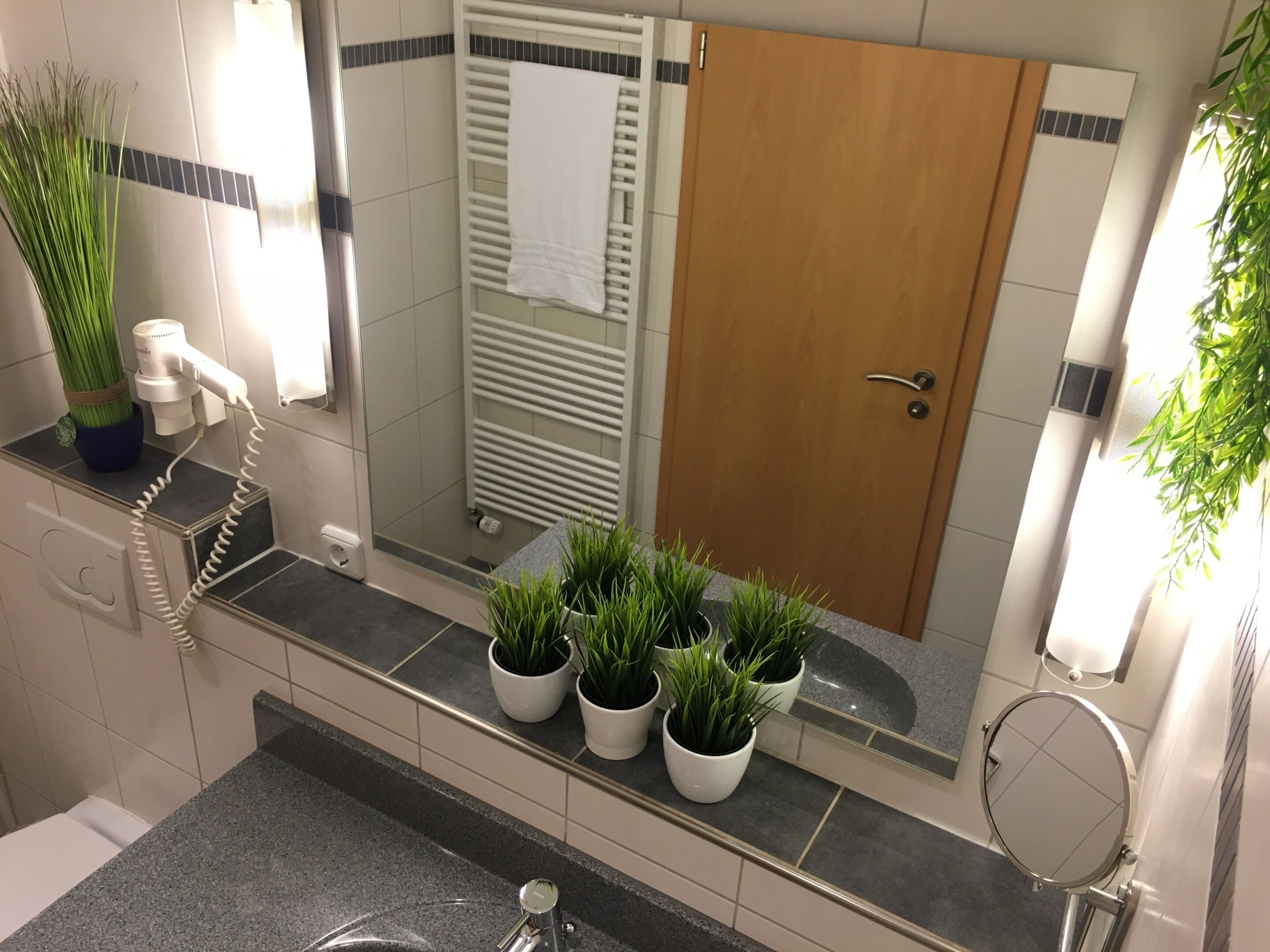 Ein modernes Badezimmer mit Dusche, Handtuchhalter, Toilette und Blumentöpfen auf der Ablagefläche.