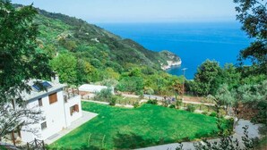 A white building with a green lawn and a view of the sea. - Villa Mylopotamos (Zagora-Mouresi)