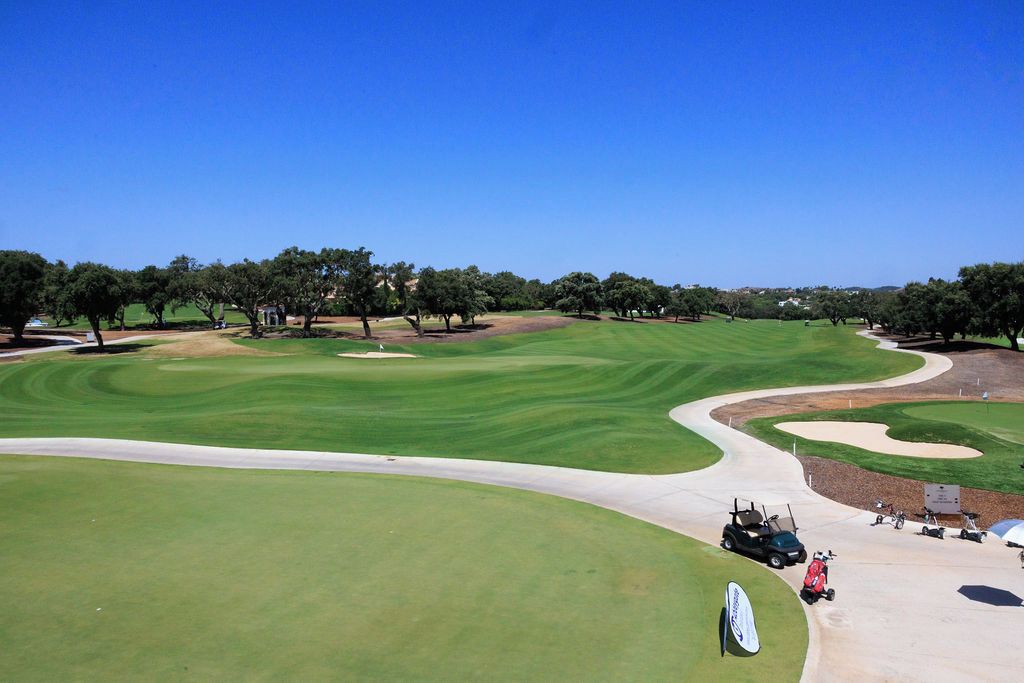 Un campo de golf con cielo despejado, árboles y un carrito de golf.
