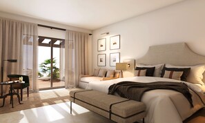 Habitación de hotel moderna con una cama grande, un escritorio y vistas a palmeras a través de la puerta de vidrio.