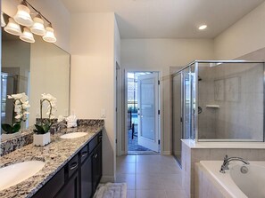 Combined shower/bathtub, hair dryer