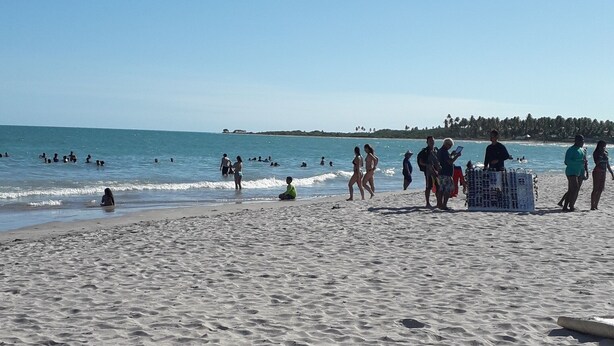 Una playa arenosa con gente nadando y caminando.