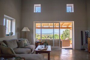 TV connectée, cheminée, livres, chaîne hi-fi