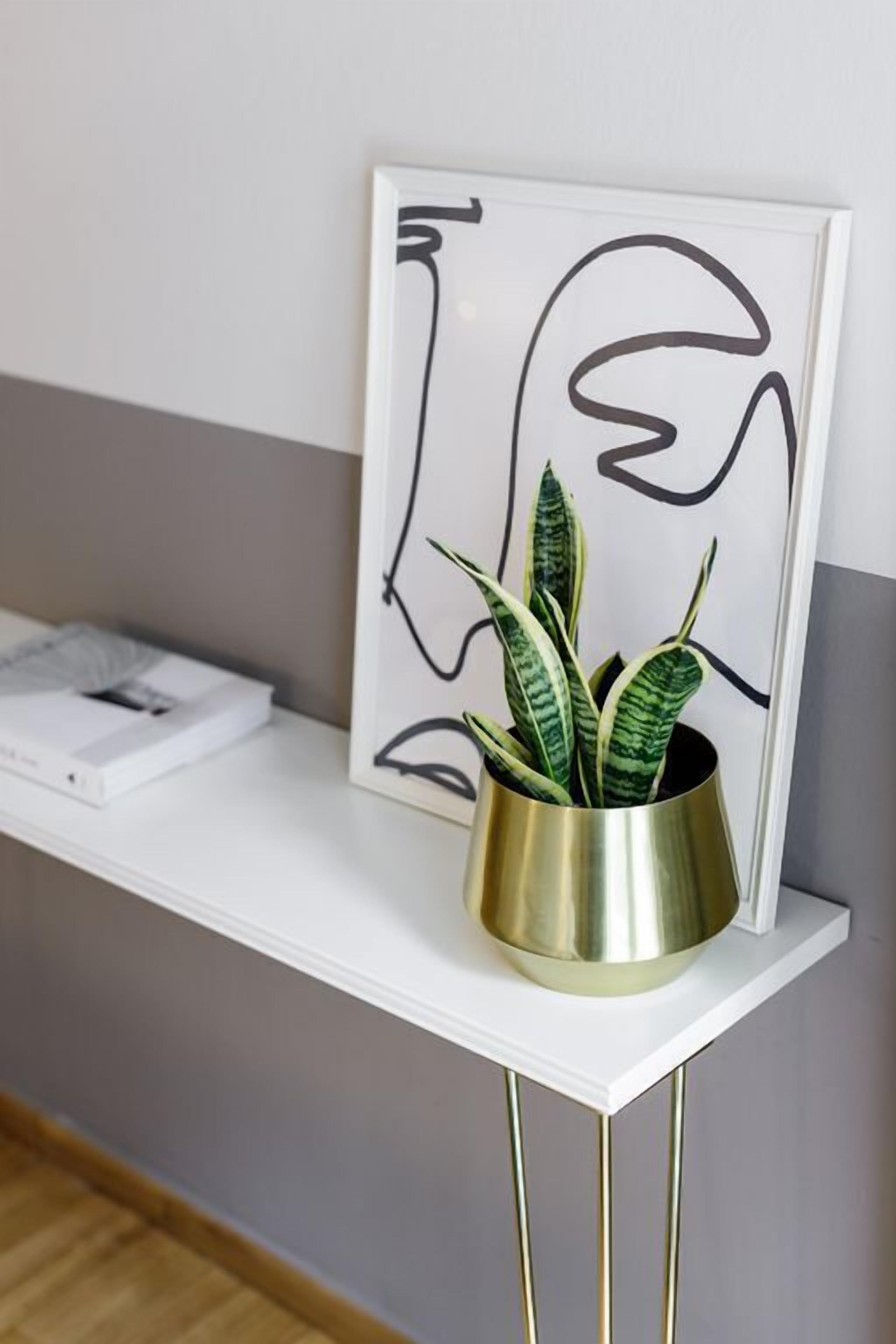 Une console blanche surmontée d’une œuvre d’art abstraite encadrée et agrémentée d’une plante en pot.