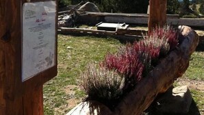 A wooden sign with "REFUGI CAP DEL REC" and a menu board. - Refugi Cap del Rec - Hostel (Lles)