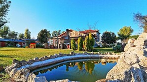 A house with a stone pool, surrounded by a well-maintained lawn and trees. - Casale del Vento (Aprilia)