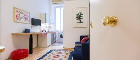 A compact living space with a kitchenette, a washing machine, a sofa, and a rug.
