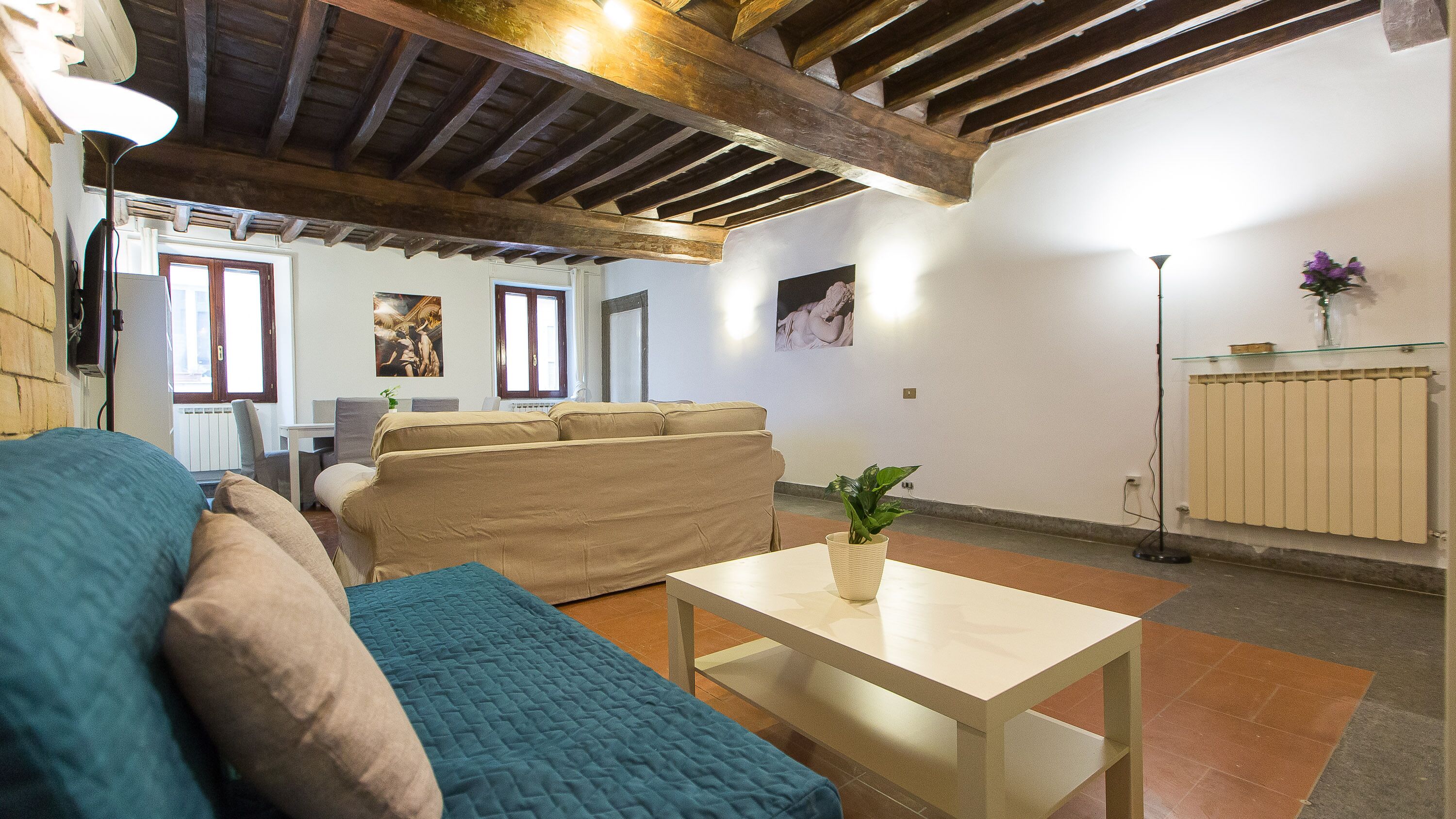 A cozy living room with a sofa, a table with a plant, and a radiator.
