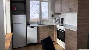 Cocina compacta equipada con refrigerador, lavavajillas, estufa y ventana con vista a árboles cubiertos de nieve.