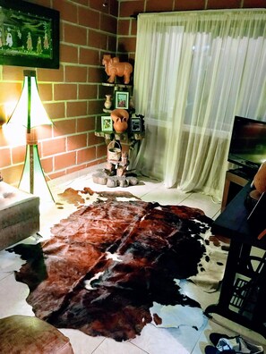 Une pièce avec un mur en briques, un tapis en peau de vache, une lampe, une étagère avec des objets décoratifs et un téléviseur.