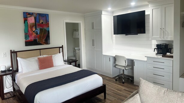A bedroom with a bed, a desk, a chair, a television, and a painting on the wall.