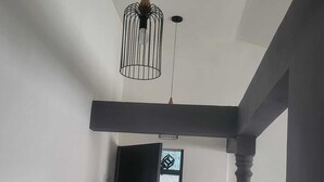 Un intérieur moderne avec une porte noire, un mur blanc et un luminaire suspendu.